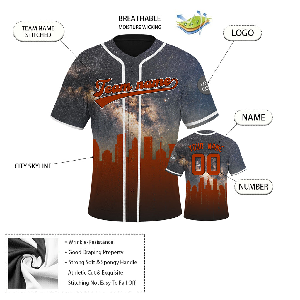 Custom Embroidered BALTIMORE City Skyline Baseball Jersey, Hip-Hop Galaxy Design, Personalized Your Name & Number