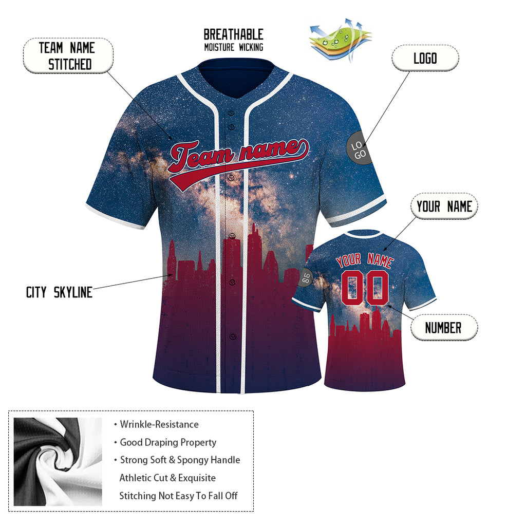 Custom Embroidered BOSTON City Skyline Baseball Jersey, Hip-Hop Galaxy Design, Personalized Your Name & Number