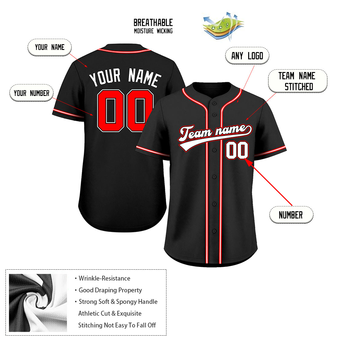 Custom Embroidered Black White Red Baseball Jersey, Personalized Baseball Sports Uniform For  Men Women Youth Boy