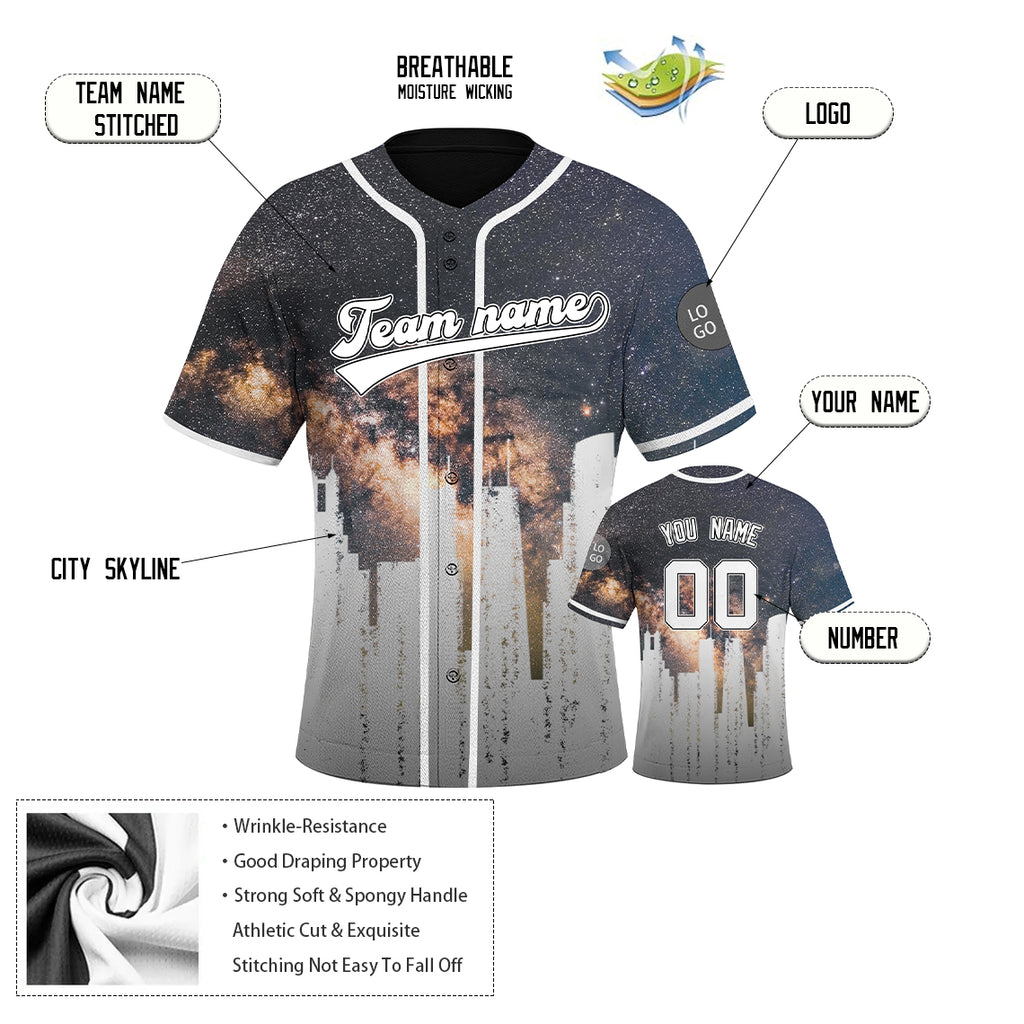 Custom Embroidered CHICAGO Black City Skyline Baseball Jersey, Hip-Hop Galaxy Design, Personalized Your Name & Number