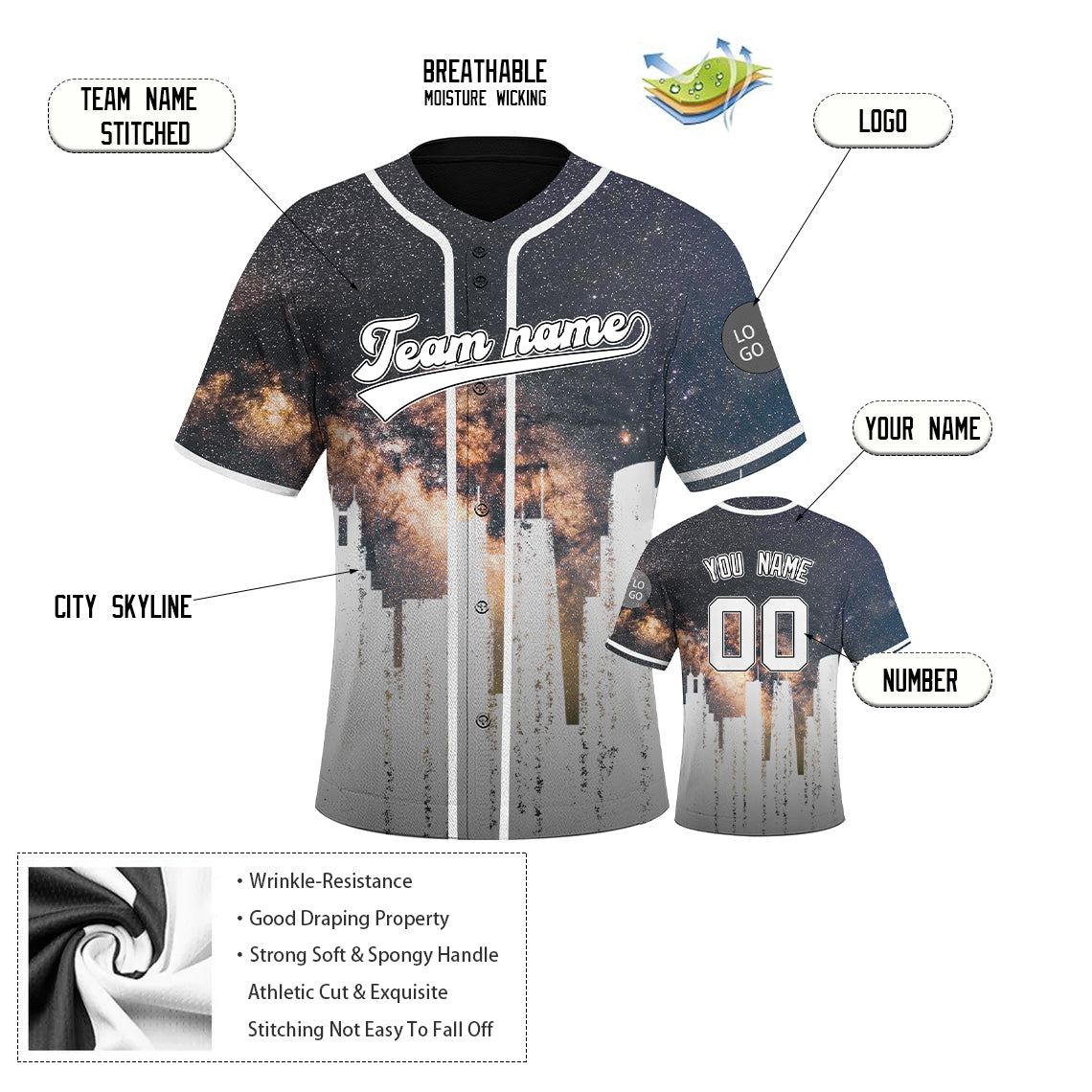 Custom Embroidered CHICAGO Black City Skyline Baseball Jersey, Hip-Hop Galaxy Design, Personalized Your Name & Number
