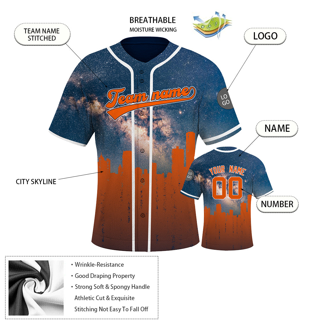 Custom Embroidered DETROIT City Skyline Baseball Jersey, Hip-Hop Galaxy Design, Personalized Your Name & Number