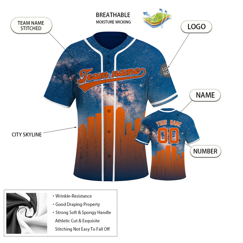 Custom Embroidered Houston City Skyline Baseball Jersey, Hip-Hop Galaxy Design, Personalized Your Name & Number
