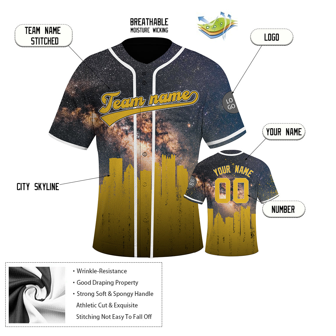 Custom Embroidered Pittsburgh City Skyline Baseball Jersey, Hip-Hop Galaxy Design, Personalized Your Name & Number