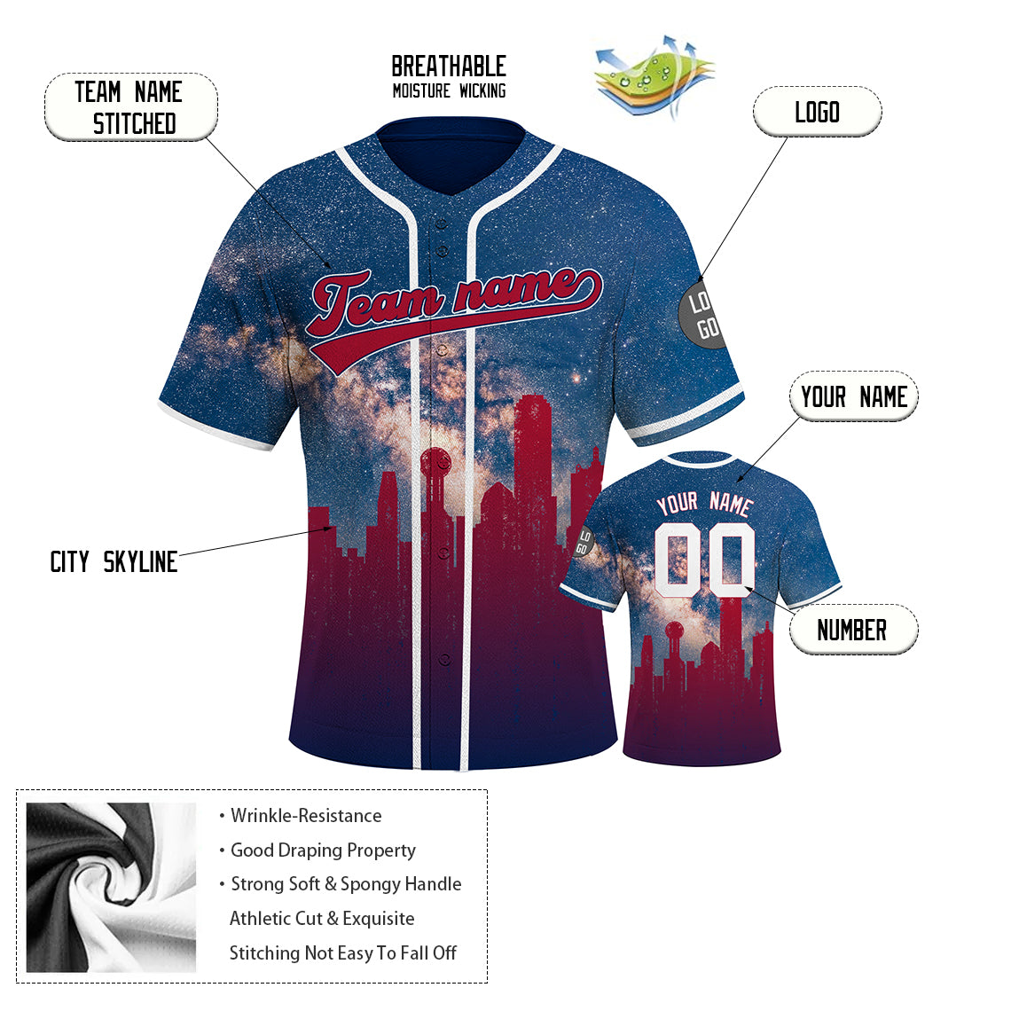 Custom Embroidered Texas City Skyline Baseball Jersey, Hip-Hop Galaxy Design, Personalized Your Name & Number