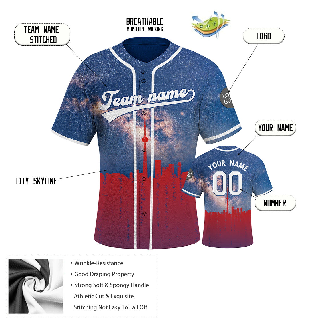 Custom Embroidered Toronto City Skyline Baseball Jersey, Hip-Hop Galaxy Design, Personalized Your Name & Number