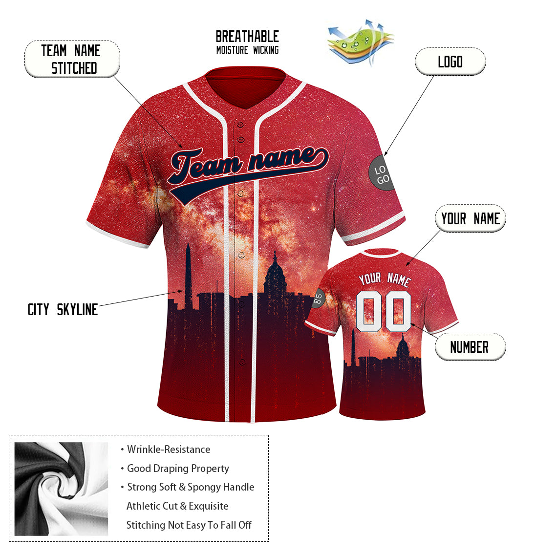 Custom Embroidered Washington City Skyline Baseball Jersey, Hip-Hop Galaxy Design, Personalized Your Name & Number