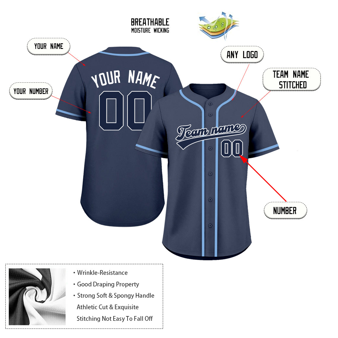 Custom Embroidered Blue Baseball Jersey, Personalized Baseball Sports Uniform For  Men Women Youth Boy