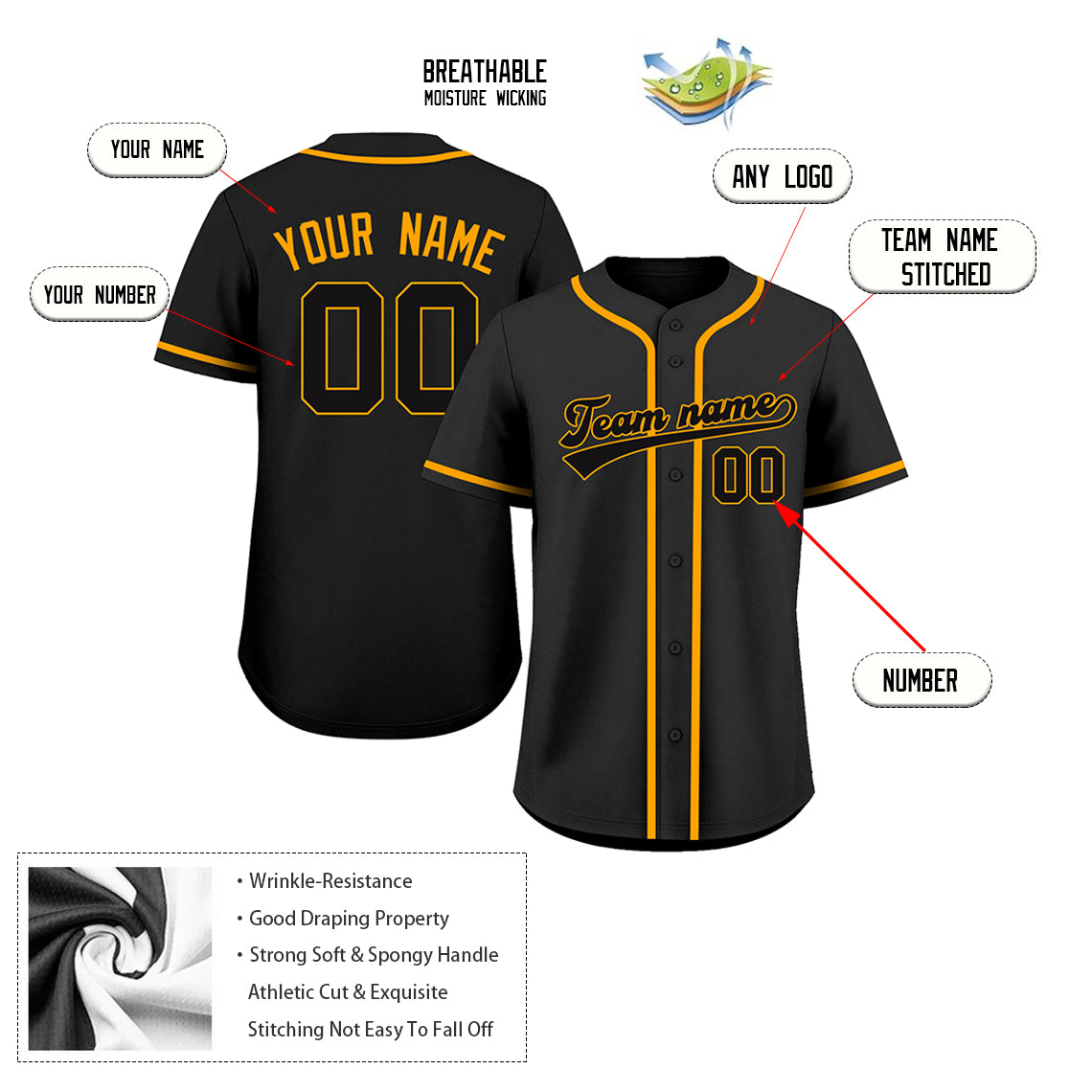 Custom Embroidered Black Gold Baseball Jersey, Personalized Baseball Sports Uniform For  Men Women Youth Boy
