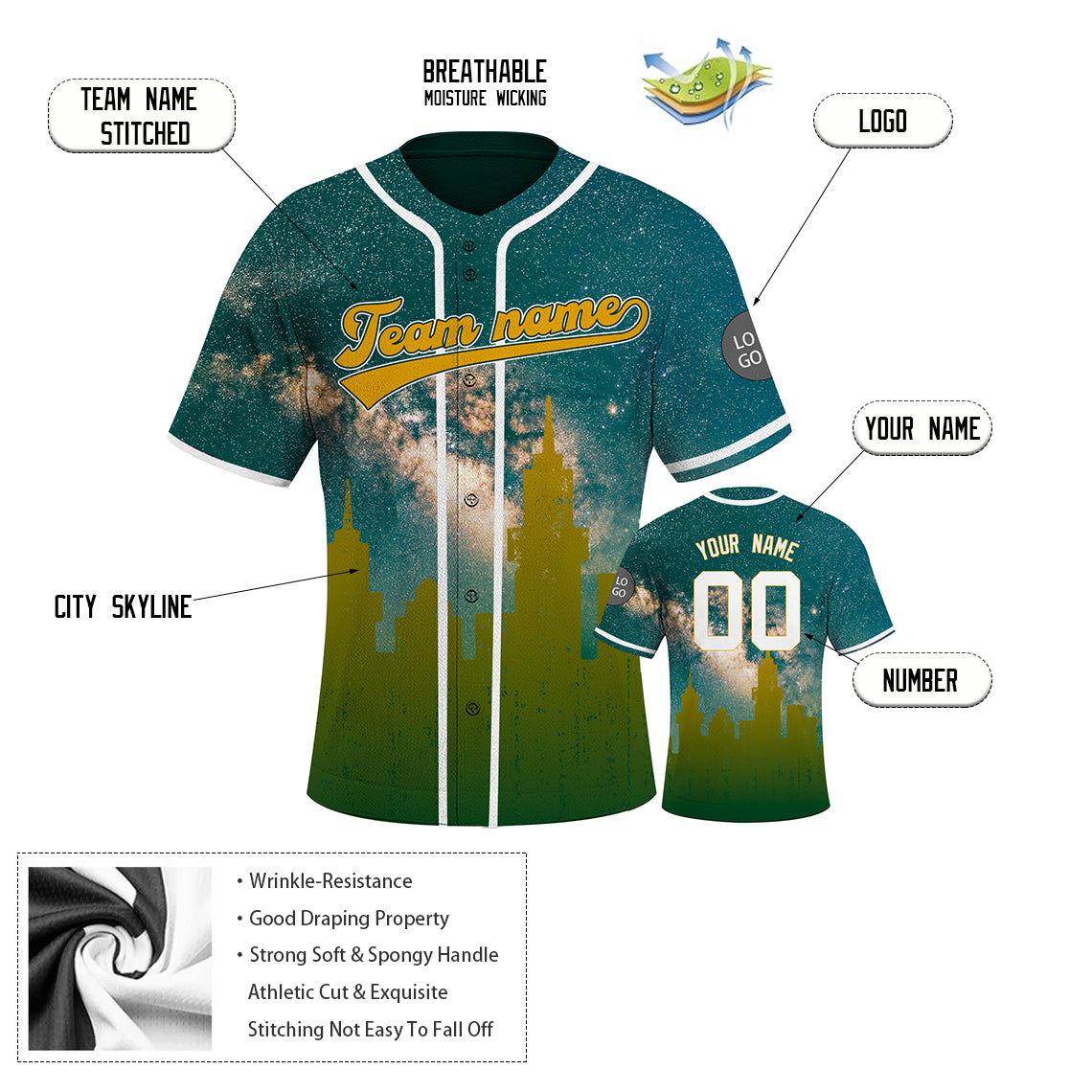 Custom Embroidered Oakland City Skyline Baseball Jersey, Hip-Hop Galaxy Design, Personalized Your Name & Number