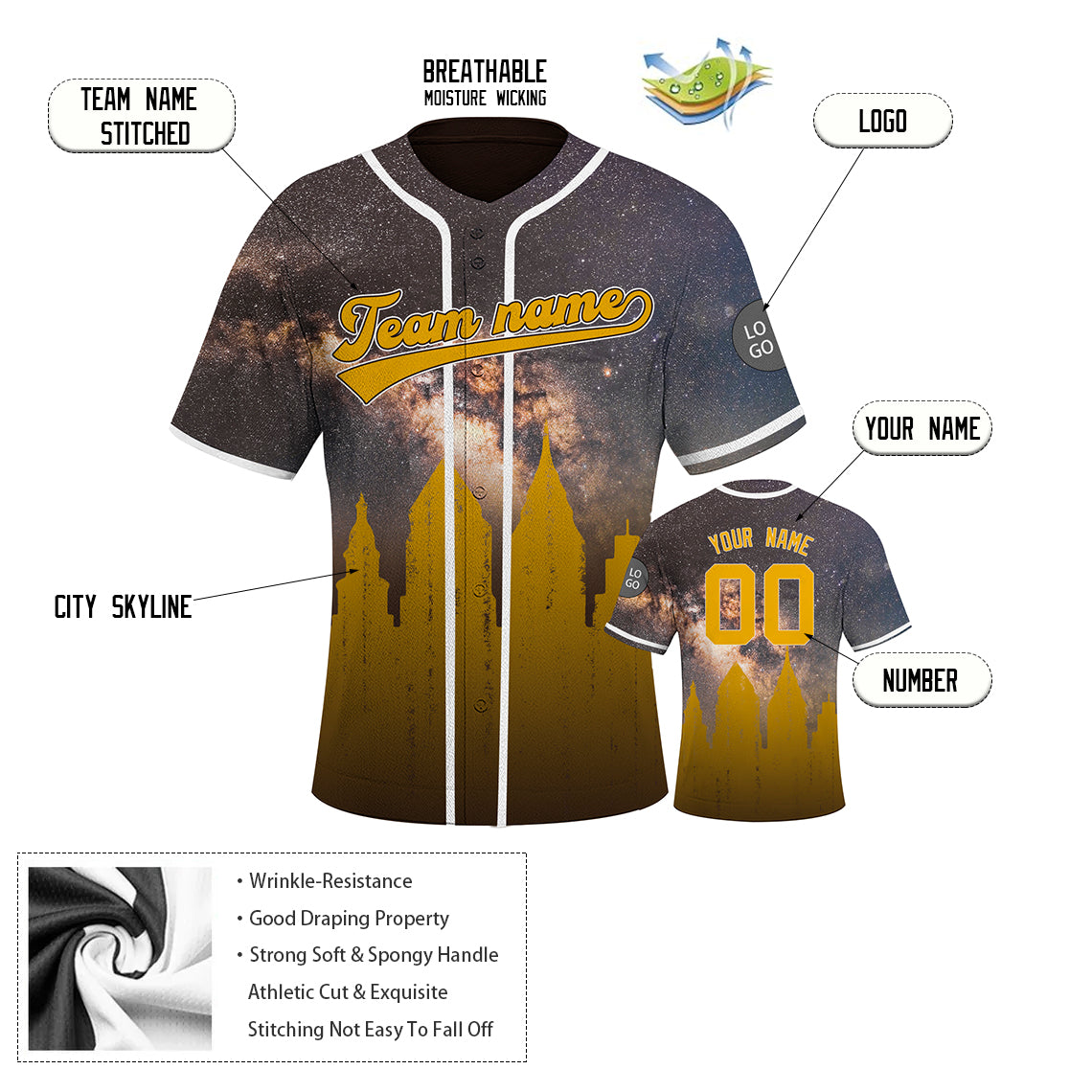 Custom Embroidered San Diego City Skyline Baseball Jersey, Hip-Hop Galaxy Design, Personalized Your Name & Number